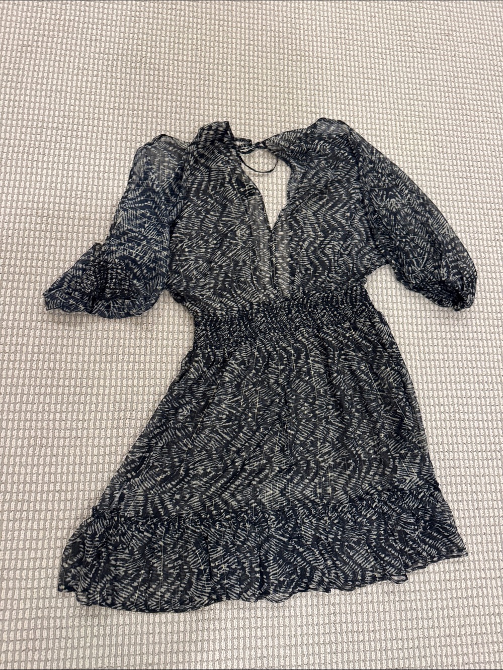 Women's Navy Patterned Smocked Waist Dress